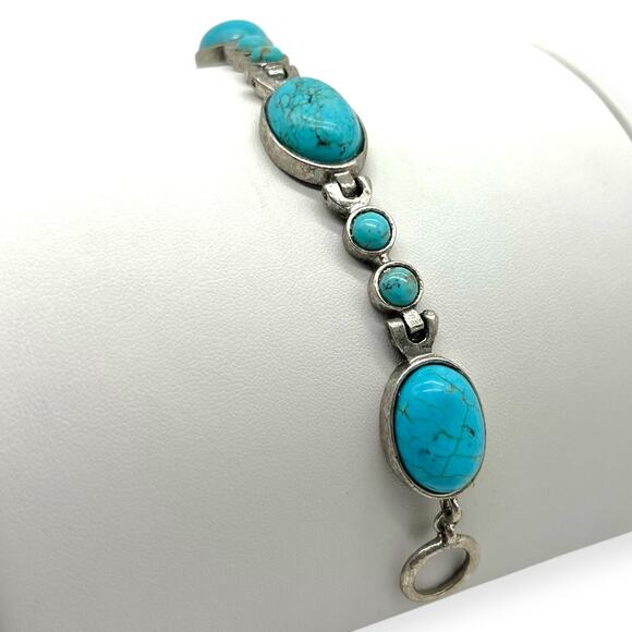 Vintage Bohemian Bracelet Turquoise Blue Round Silver Shape Semiprecious Howlite - Picture 8 of 14